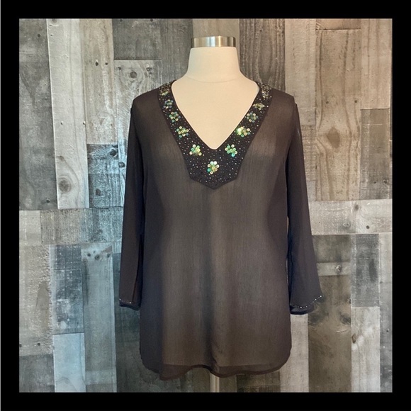 New York & Company sheer black top large sparkly dark feminine whimsigoth witchy - Picture 1 of 12